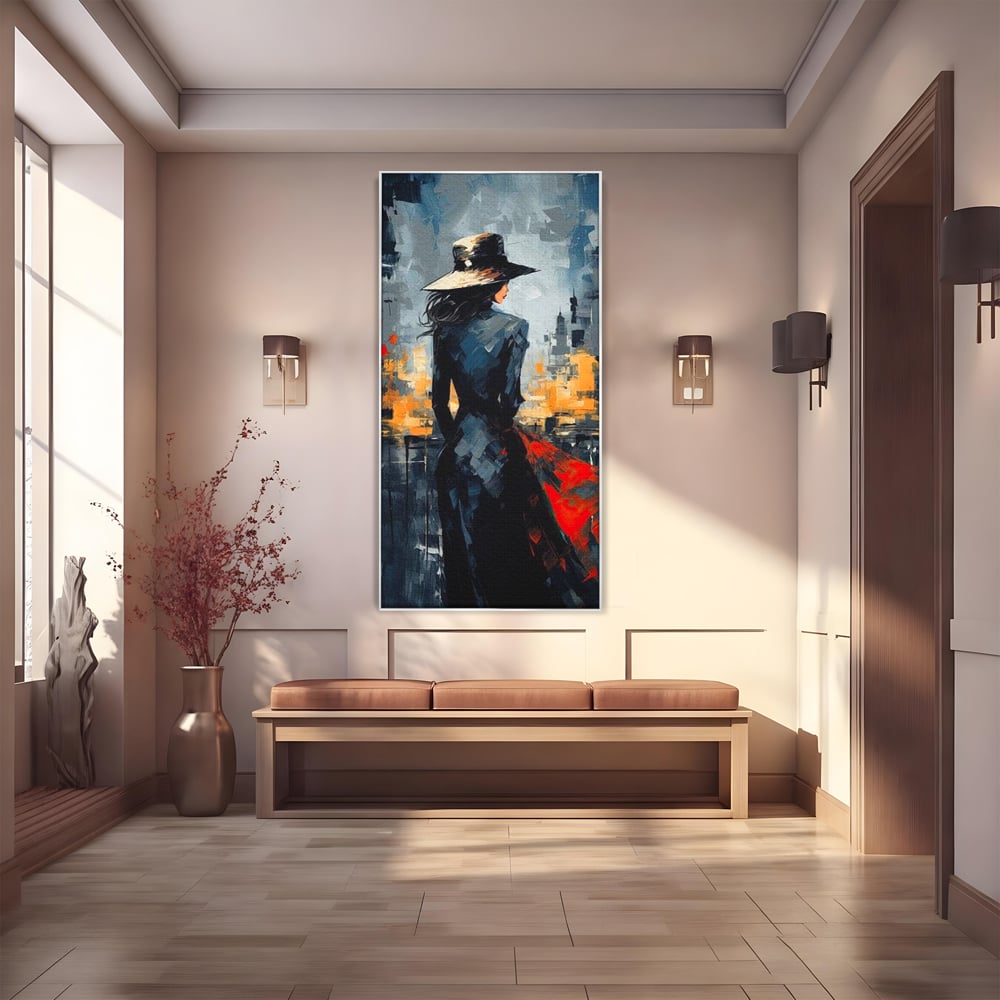 Tablou canvas cu tablou canvas cu femeie in palarie si oras, in rama de aluminiu argintiu